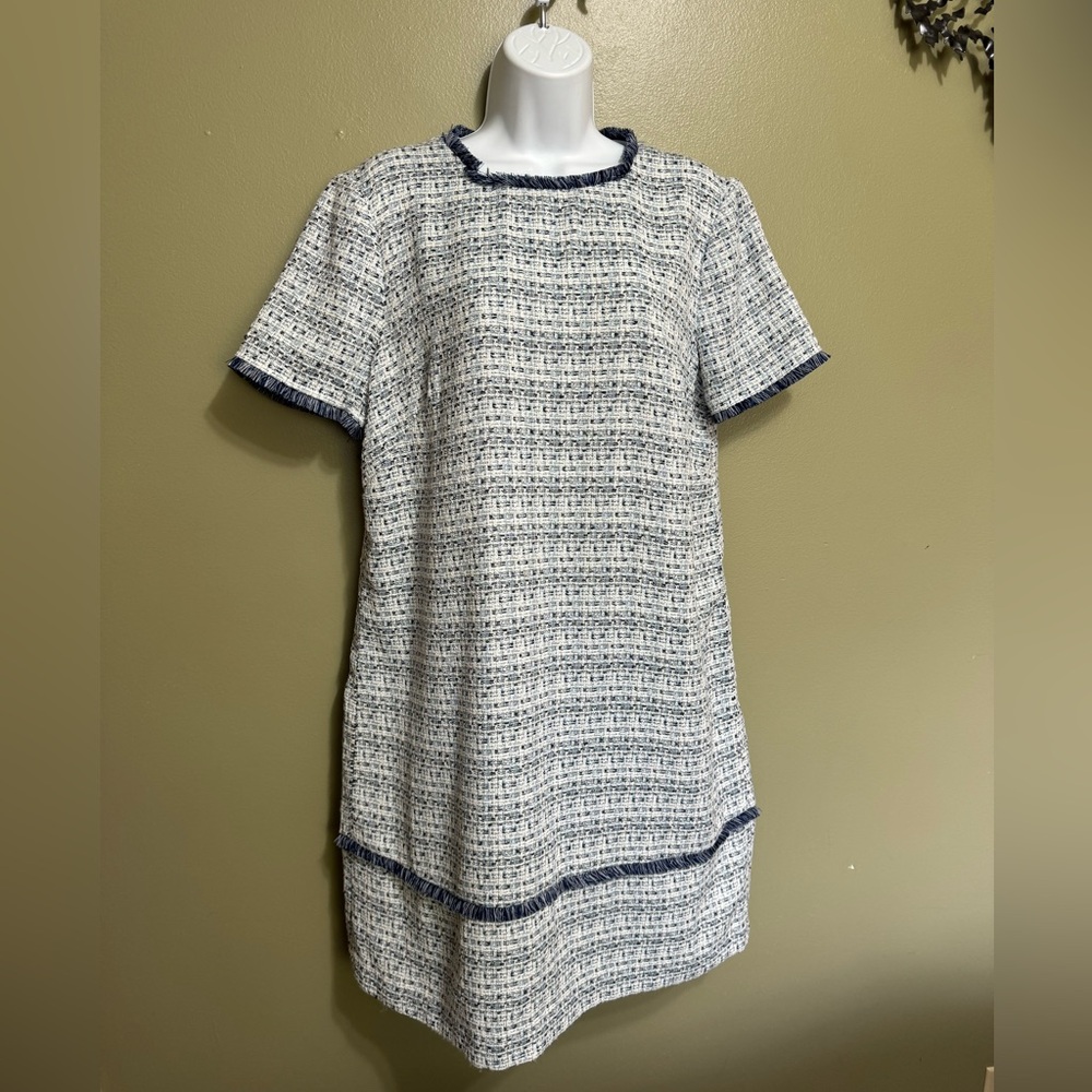 Julia Jordan Tweed Fringe Edge Shift Dress Size 12 Blue & White